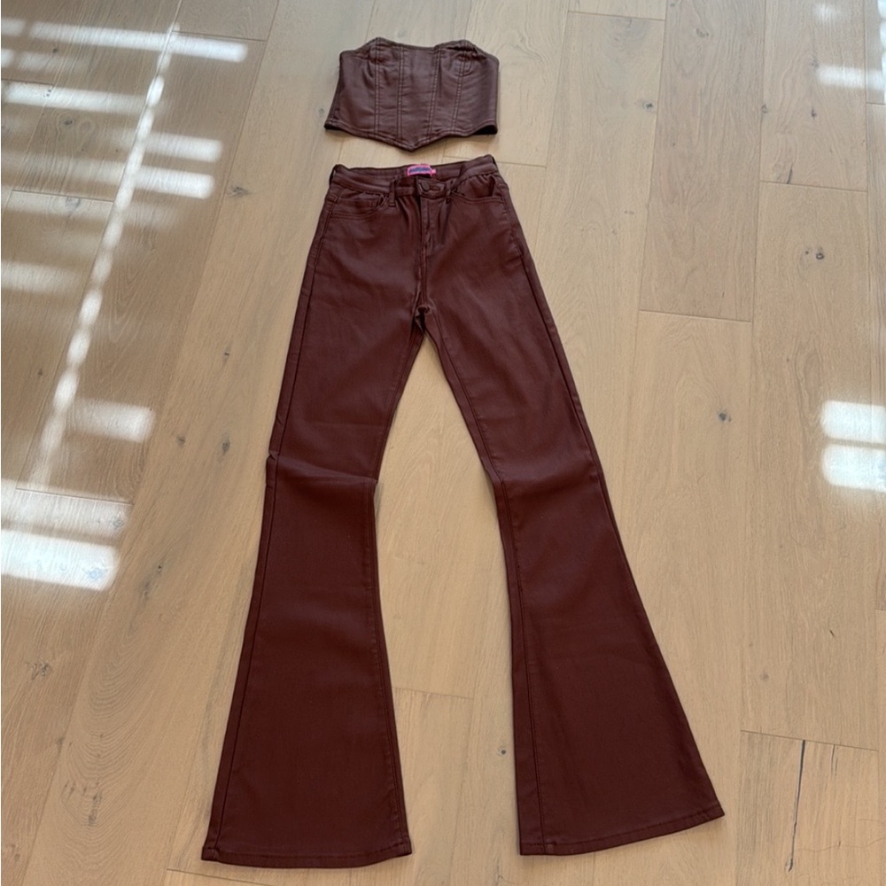 Edikted brown faux leather coated flare pants and crop top